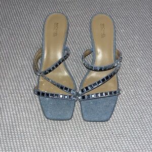 Michael Kors Women Celia Embellished Crystals Kitten Heel Sandal Denim Blue Sz 8
